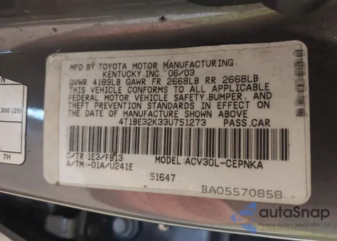 2003 Toyota Camry Le/Se/Xle from USA, damaged, VIN 4T1BE32K33U751273
